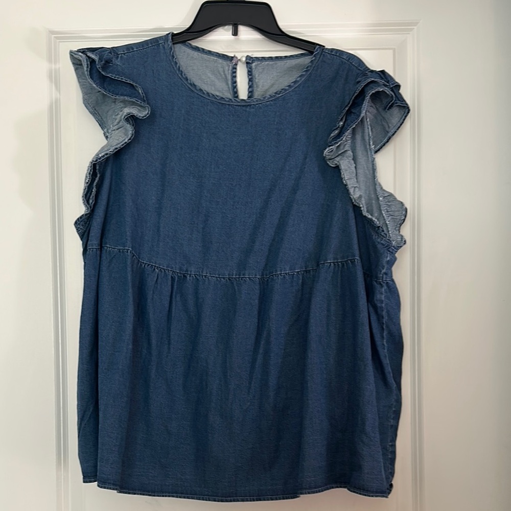 Blue Denim Ruffle Sleeve Top